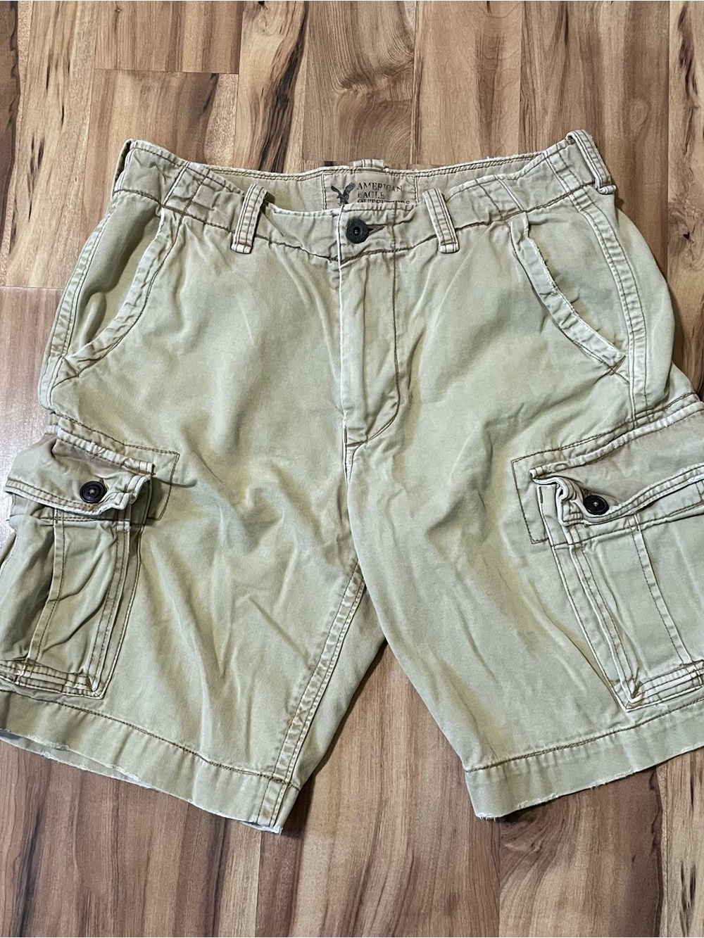Y2K American Eagle Distressed Cargo Shorts - Frayed Heavyweight Khaki Sz 33